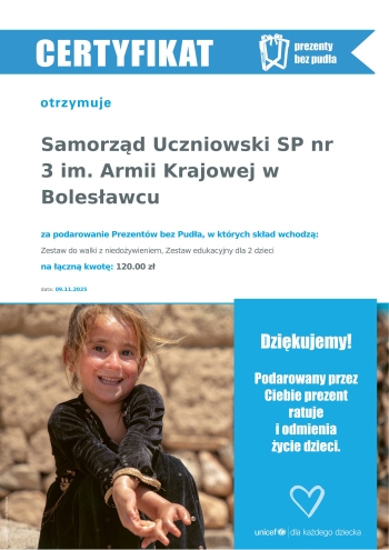 SU SP nr 3 - certyfikat za wsparcie programu UNICEF - Prezenty bez Pudła