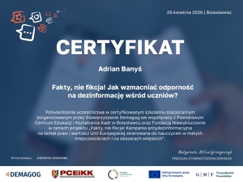 Certificate for Adrian Banyś  for _Fakty, nie fikcja! Jak wzma..._
