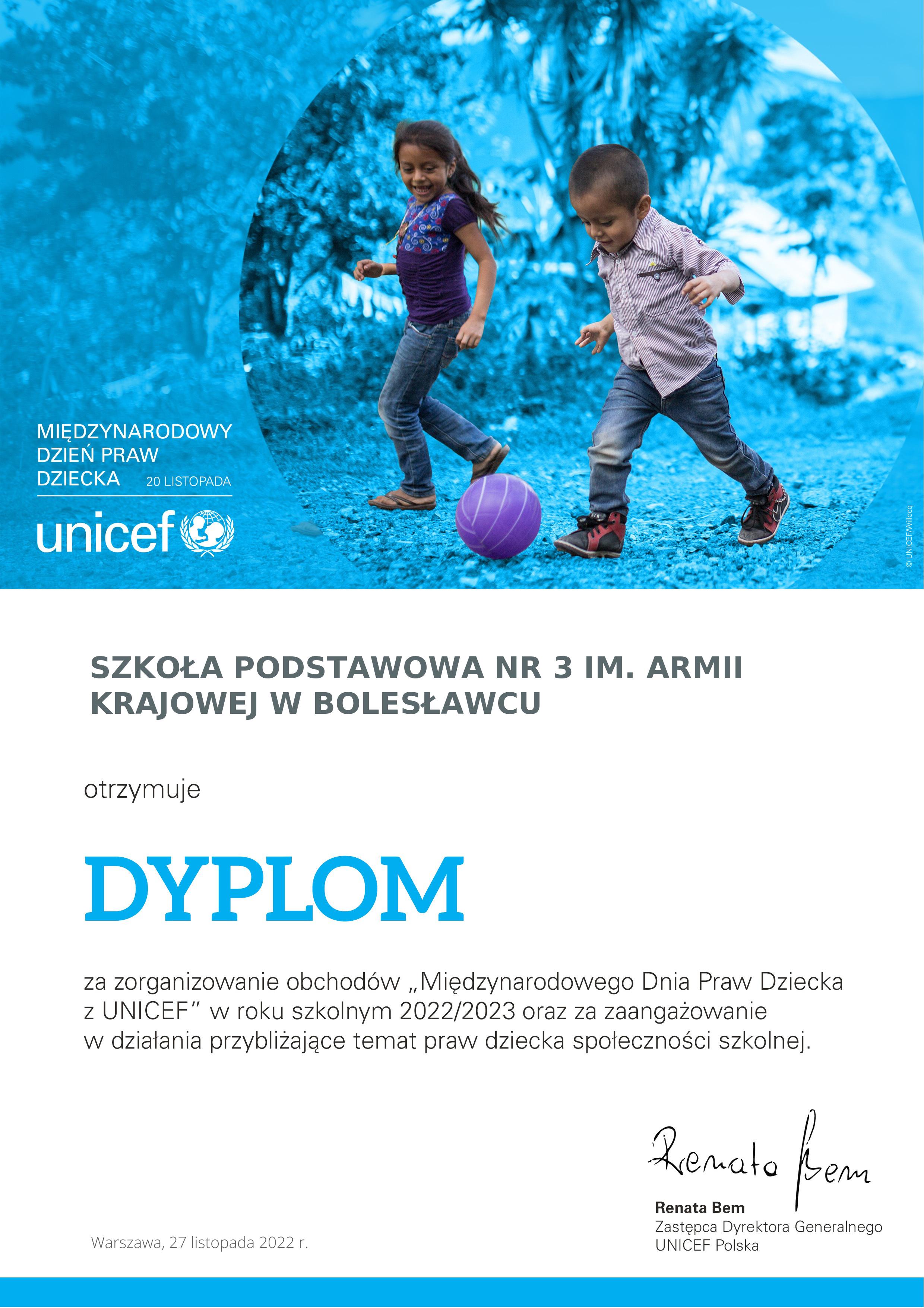 Dyplom UNICEF dla Szkoły Podstawowej nr 3