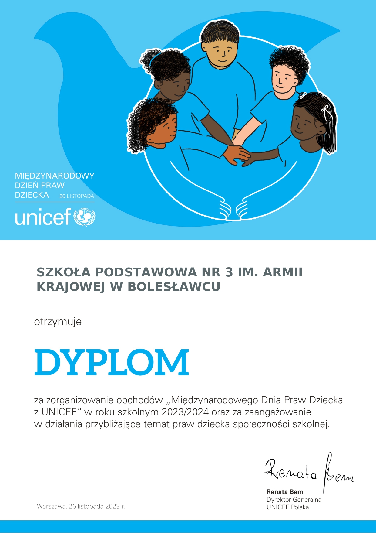 Dyplom UNICEF dla szkoły za zorganizowanie obchodów Międzynarodowego Dnia Praw D...