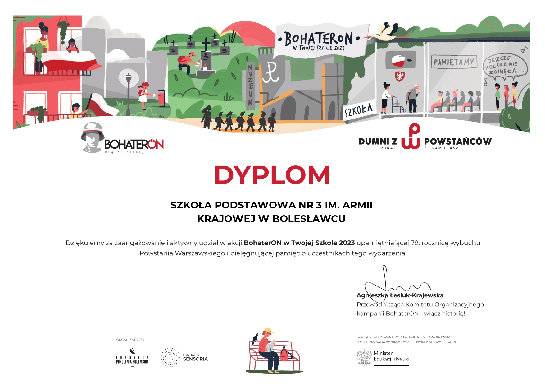 Dyplom dla szkoły za udział w ogólnopolskiej akcji „BohaterON w Twojej Szkole 2023''