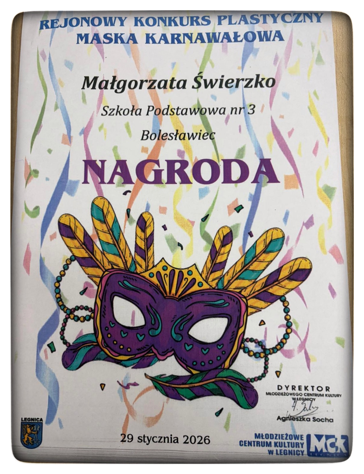 Nagroda i wyróżnienie w Rejonowym Konkursie Plastycznym „Maska Karnawałowa”