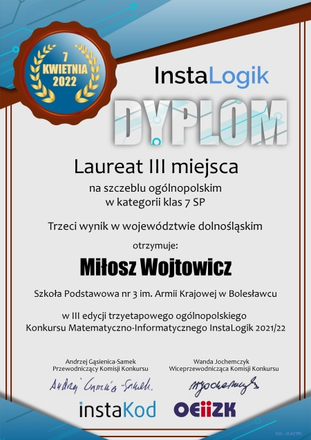   Miłosz Wojtowicz laureatem III edycji konkursu InstaLogik